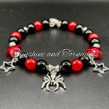 Red Black Spider Bracelet, Gothic Beaded Bracelet, Alternative Charm Bracelet, Spider Star Jewellery, Punk Gothic Gift, Magnetic Clasp Bracelet. - Image 2