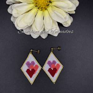 Miyuki Delica Beaded Heart Earrings, Red Heart Dangle Earrings, Handwoven Seed Bead Earrings, Geometric Beadwork Jewellery, Romantic Gift.