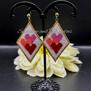 Miyuki Delica Beaded Heart Earrings, Red Heart Dangle Earrings, Handwoven Seed Bead Earrings, Geometric Beadwork Jewellery, Romantic Gift.