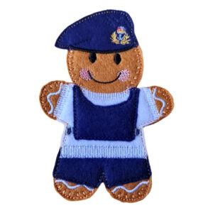 Royal Navy Submariner Gingerbread Character figure in a dark blue uniform with light blue details and a matching beret embroidered with an insignia. A cheerful keepsake tribute to the Royal Navy’s Silent Service, known as Submariners or ‘Subbies’.