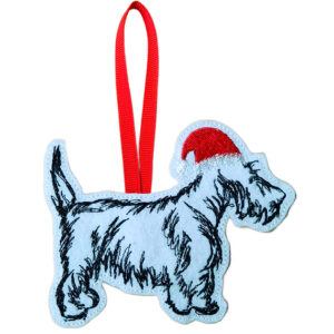 Scottish Terrier Christmas ornament in felt, embroidered Scottie dog with Santa hat and red ribbon loop for hanging.