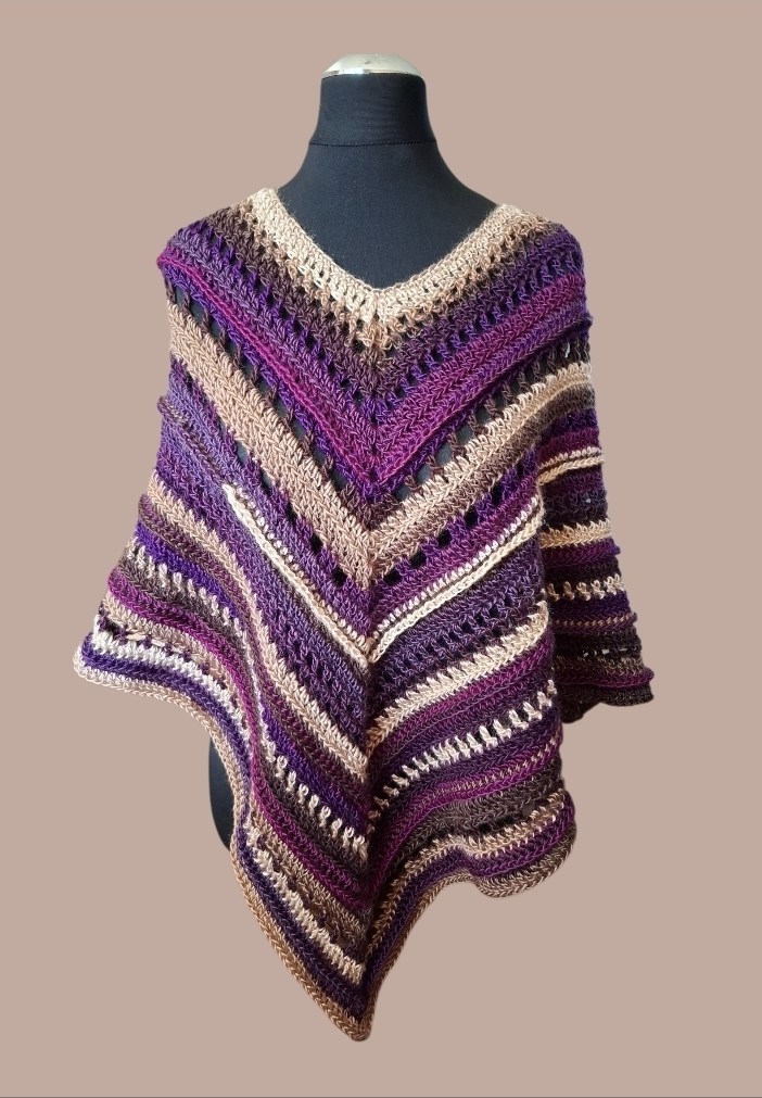 Handmade Chevron Crochet Poncho in Plum, Purple, Beige, and Earthy Tones