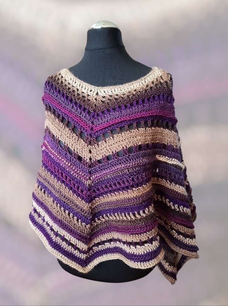 Handmade Chevron Crochet Poncho in Plum, Purple, Beige, and Earthy Tones - Image 2