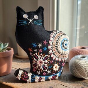 Made to order. Black cat decoration. Hand embroidered with vintage, crocheted lace fabric.Filled with lavender. All proceeds to The Stroke Association