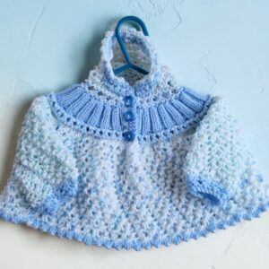 Hand-knitted baby jumper with hood. Approx 0 to 3 mths. All proceeds to The Stroke Association