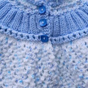 Hand-knitted baby jumper with hood. Approx 0 to 3 mths. All proceeds to The Stroke Association