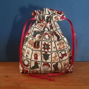 Small Reusable Christmas Gift Bag - Eco Fabric Wrap with Patchwork Print - Drawstring Closure