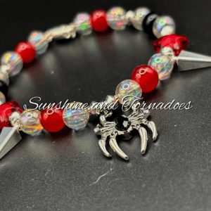 Spider Charm Bracelet, Gothic Beaded Bracelet, Red Black Crystal Bracelet, Alternative Spike Bracelet, Punk Gothic Jewellery, Magnetic Clasp Gift.