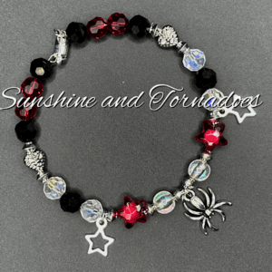 Gothic Spider Star Bracelet, Red Black Crystal Beaded Bracelet, Alternative Charm Bracelet, Punk Gothic Jewellery, Magnetic Clasp Gift