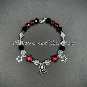 Gothic Spider Star Bracelet, Red Black Crystal Beaded Bracelet, Alternative Charm Bracelet, Punk Gothic Jewellery, Magnetic Clasp Gift
