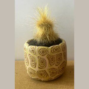 Handmade patterned polymer clay cactus pot with live cactus, small decorative succulent planter in earthy green and cream spiral pattern for desk decor and Moments of Joy gift sets