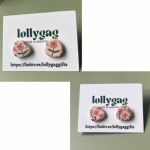 Handmade polymer clay flower stud earrings by Lollygag, quirky floral earrings in soft pink and cream, lightweight colourful jewellery handmade in Sheffield UK