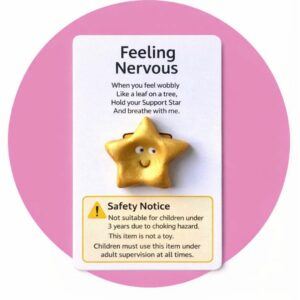 Handmade polymer clay Support Star pocket keepsake on affirmation backing card reading “Feeling Nervous” with visible safety warning stating not suitable for children under 3 years due to choking hazard and not a toy