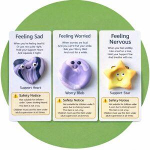 Three handmade polymer clay worry stones on affirmation cards reading Feeling Sad, Feeling Worried and Feeling Nervous with visible safety warning stating not suitable for children under 3 years due to choking hazard and not a toy