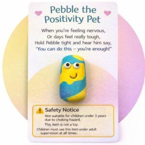 Pebble the Positivity Pet handmade polymer clay encouragement keepsake displayed on poem backing card with visible safety warning not suitable for children under 3 years and adult supervision required