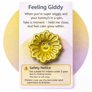 Feeling Giddy Sunray mindfulness stone handmade from polymer clay displayed on poem backing card with visible safety warning not suitable for children under 3 years and adult supervision required