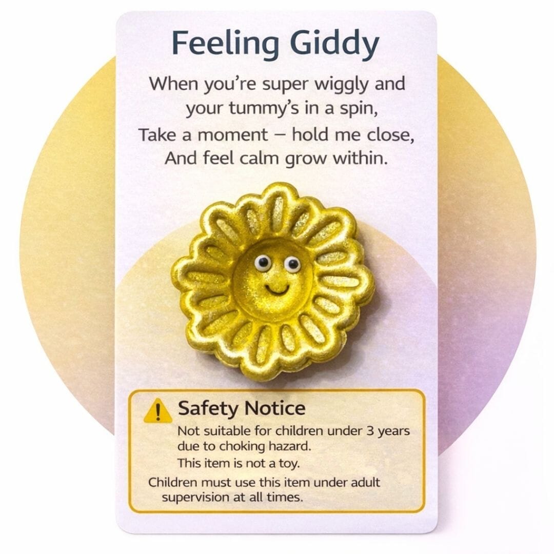 Feeling Giddy Sunray mindfulness stone handmade from polymer clay displayed on poem backing card with visible safety warning not suitable for children under 3 years and adult supervision required