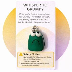 Grumpy mindfulness stone handmade polymer clay bag charm on poem backing card with visible safety warning not suitable for children under 3 years and adult supervision required