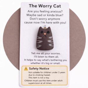 Handmade Worry Cat polymer clay mindfulness stone on poem backing card with visible safety warning not suitable for children under 3 years and adult supervision required