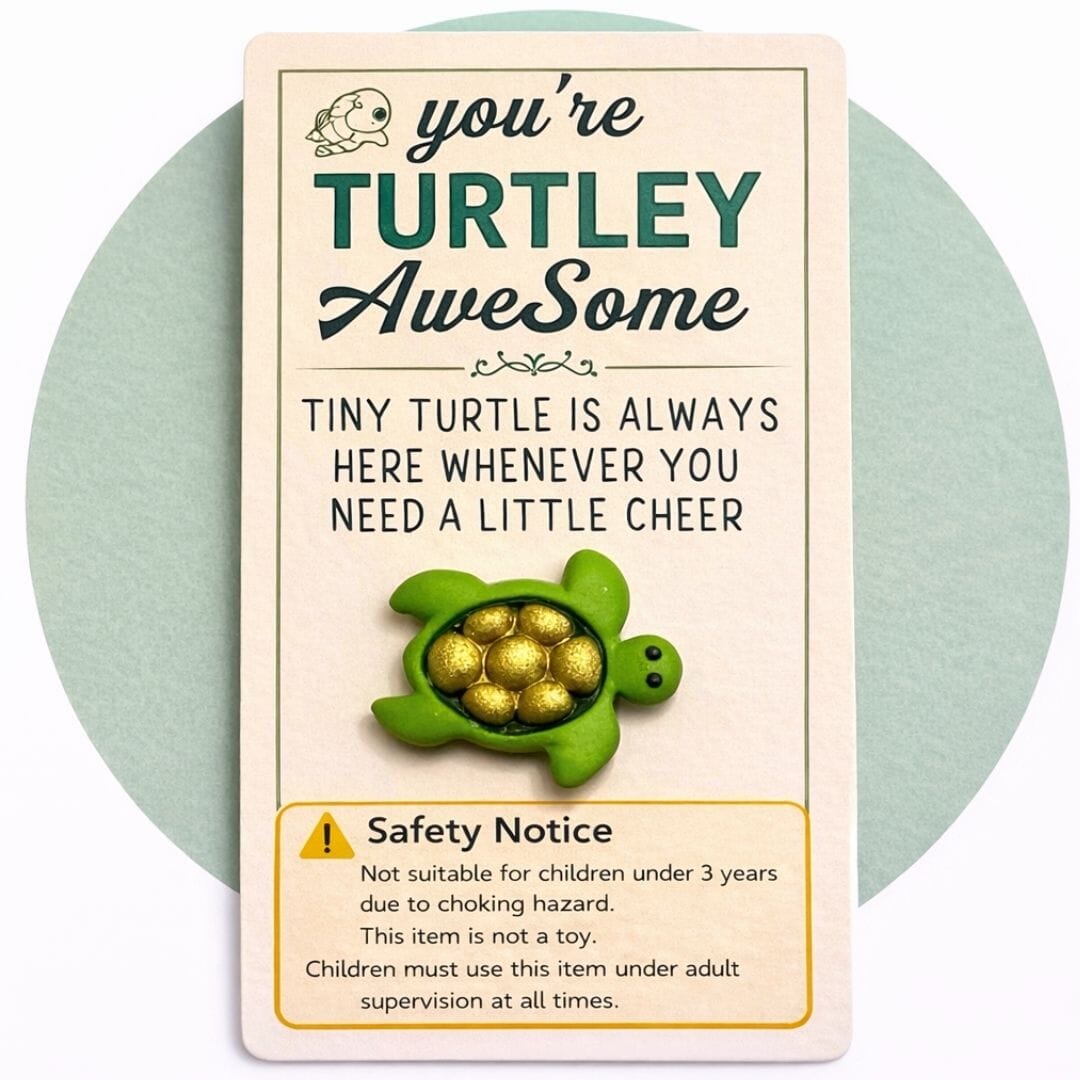 You’re Turtley Awesome handmade polymer clay turtle charm on poem backing card with visible safety warning not suitable for children under 3 years and adult supervision required