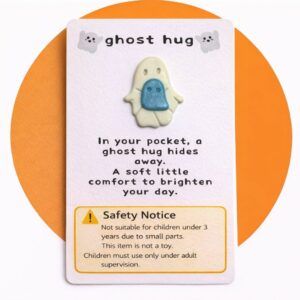 Ghost Hug handmade polymer clay mindfulness stone on poem backing card with visible safety warning not suitable for children under 3 years and adult supervision required