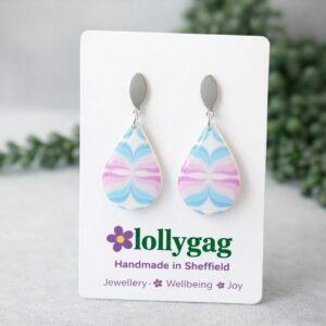 Transcendent Teardrop Earrings – Handmade Polymer Clay Earrings from Vintage 1970s Wallpaper – Retro Swirl Statement Earrings – Lollygag Jewellery Sheffield