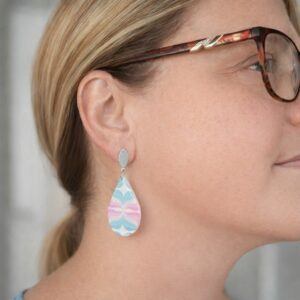 Transcendent Teardrop Earrings – Handmade Polymer Clay Earrings from Vintage 1970s Wallpaper – Retro Swirl Statement Earrings – Lollygag Jewellery Sheffield