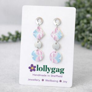 Transcendent Cascade Earrings – Handmade Polymer Clay Earrings from Vintage 1970s Wallpaper – Retro Swirl Statement Earrings – Lollygag Jewellery Sheffield