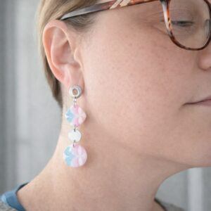 Transcendent Cascade Earrings – Handmade Polymer Clay Earrings from Vintage 1970s Wallpaper – Retro Swirl Statement Earrings – Lollygag Jewellery Sheffield
