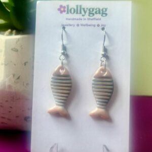 Skyline Ripplefish Earrings Handmade UK Lightweight Statement Earrings Blue Wave Pattern Polymer Clay Jewellery Gift for Her