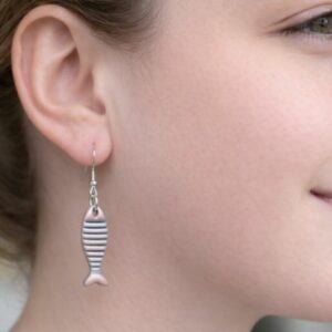 Skyline Ripplefish Earrings Handmade UK Lightweight Statement Earrings Blue Wave Pattern Polymer Clay Jewellery Gift for Her