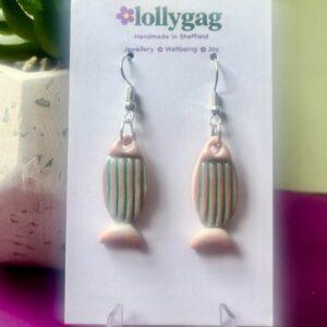 Greenstream Stripefish Earrings Handmade UK Lightweight Statement Earrings Green Shimmer Polymer Clay Jewellery Gift for Her