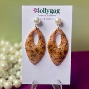 Bloomsbury Loom Orchard Drops – Amber Floral Polymer Clay Earrings with Pearl Studs, Lightweight Statement Earrings Handmade in Sheffield