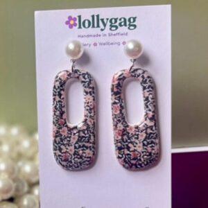 Bloomsbury Field Afterdark Navy Floral Statement Earrings with Pearl Studs Handmade Polymer Clay Jewellery UK