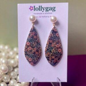 Bloomsbury Drop Wildgarden Navy Floral Statement Earrings with Pearl Studs Handmade Polymer Clay Jewellery UK