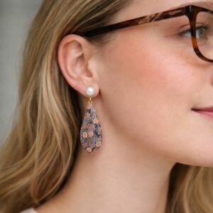 Bloomsbury Drop Wildgarden Navy Floral Statement Earrings with Pearl Studs Handmade Polymer Clay Jewellery UK