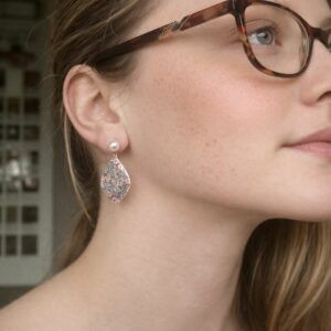 Bloomsbury Drop Walled Garden Navy Floral Statement Earrings with Pearl Studs Handmade Polymer Clay Jewellery UK