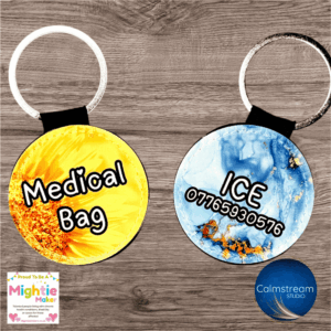 Custom Medical Alert Keyring – Faux Leather ICE / Key Message Tag (5cm Circular)