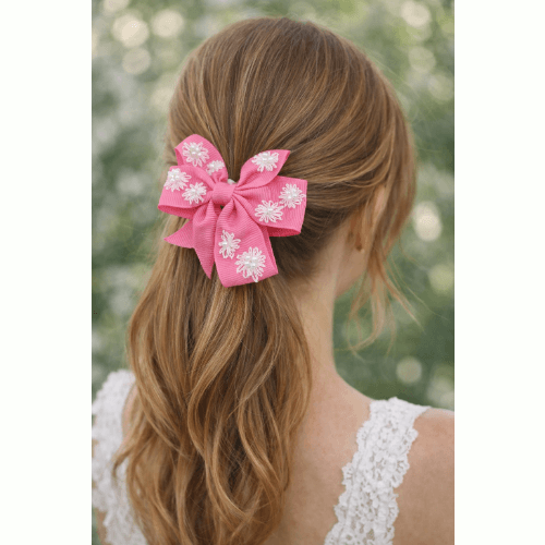 Pretty Pink Bow Hair Clip, hand embroidered with daisies and embellished with tiny faux pearls - Image 4