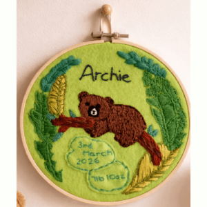 Personalised New Baby Embroidery Hoop Art, Bright and colourful