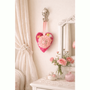 Hanging Floral Heart, with felt flower, buttons and beads