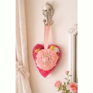 Hanging Floral Heart, with felt flower, buttons and beads