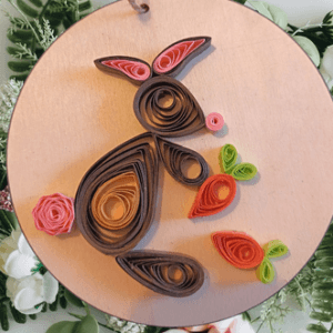 Quilled pink Easter bunny with carrots hanging decoration