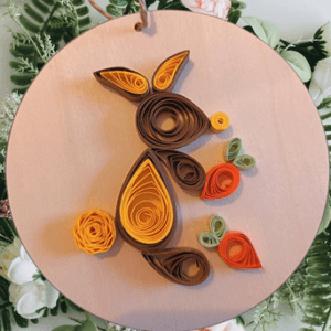 Quilled yellow Easter Bunny with carrots hanging decoration
