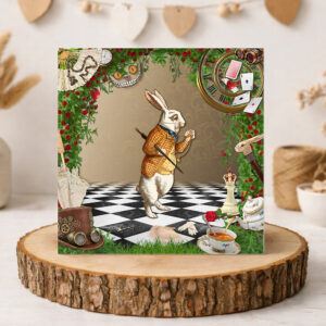 white rabbit card on wooden disc