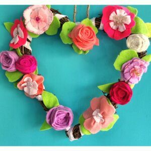 Hanging Wicker Heart Wreath with handmade, embroidered and embellished felt flowers, 28 cm