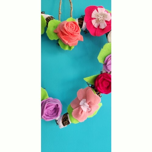 Hanging Wicker Heart Wreath with handmade, embroidered and embellished felt flowers, 28 cm - Image 5