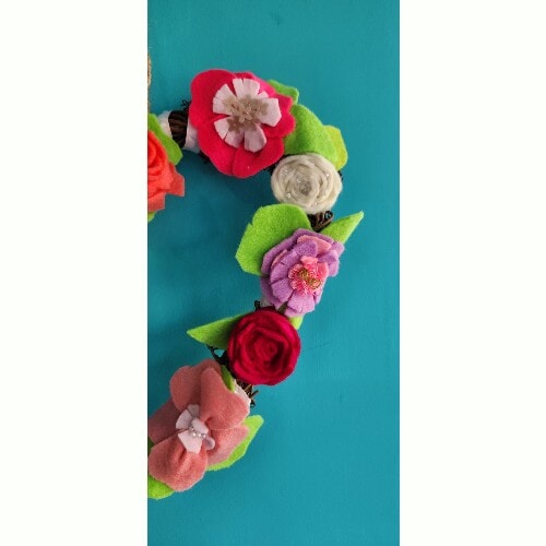Hanging Wicker Heart Wreath with handmade, embroidered and embellished felt flowers, 28 cm - Image 6
