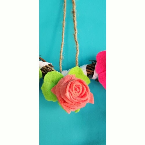 Hanging Wicker Heart Wreath with handmade, embroidered and embellished felt flowers, 28 cm - Image 7