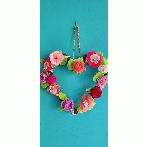 Hanging Wicker Heart Wreath with handmade, embroidered and embellished felt flowers, 28 cm - Image 2